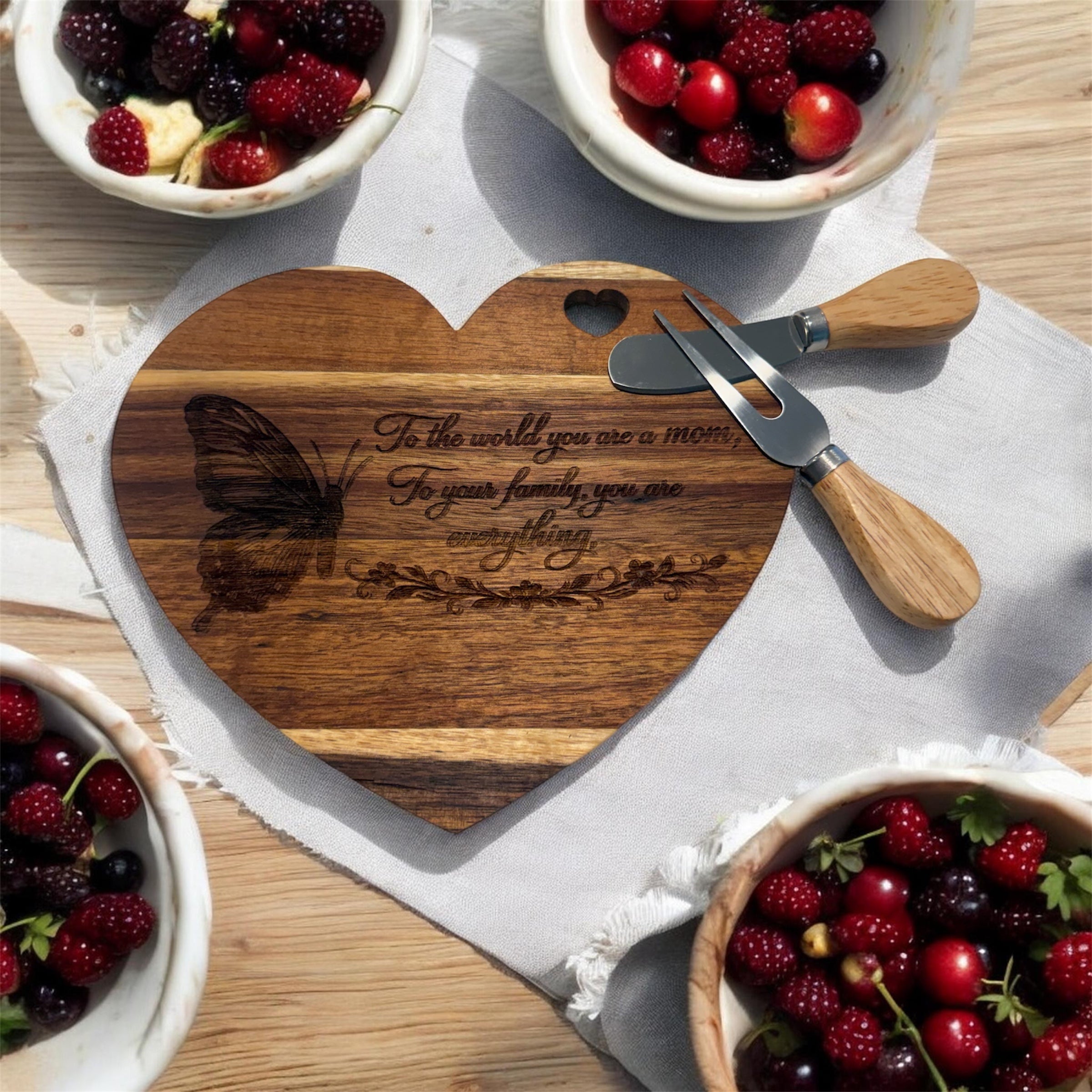 Heart Cheese Board with serving knife and fork