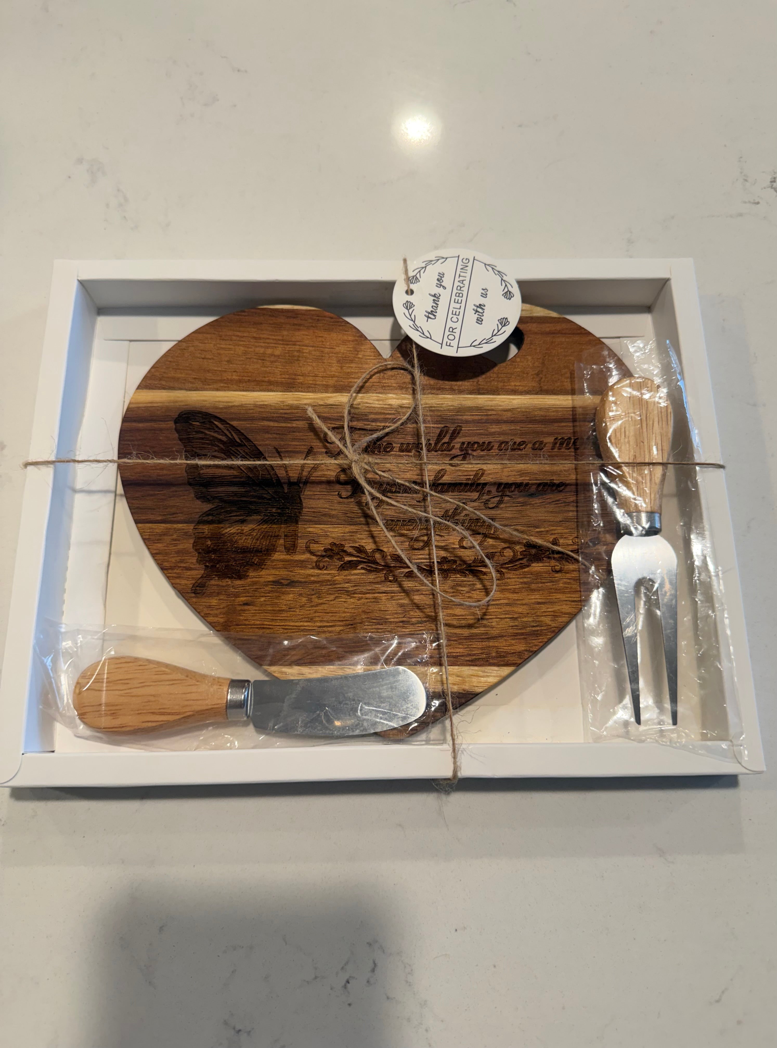 Heart Cheese Board with serving knife and fork